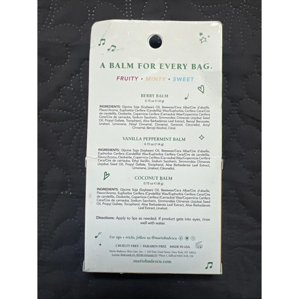 New Mario Badescu Lip Care 3 Lip Balms - Scents Vanilla Peppermint/Coconut/Berry